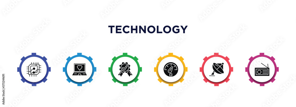 Poster technology filled icons with infographic template. glyph icons such as computer microprocessor, lapt