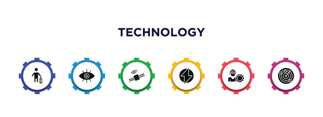 technology filled icons with infographic template. glyph icons such as touristic, black eye, satellite connection, electric, project manager, radar sweep vector.