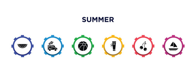 summer filled icons with infographic template. glyph icons such as slice of melon, ice cream van, beach ball, sunscreen, cherries, yatch boat vector.