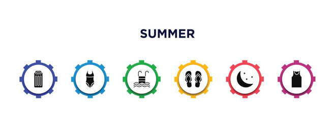 summer filled icons with infographic template. glyph icons such as air mattress, swimsuit, swimming pool ladder, pair of flip flops, moon, sleeveless vector.