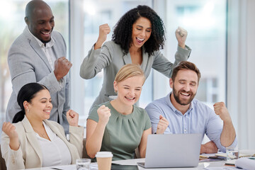 Laptop, excited and diversity team celebrate good online feedback, stock market achievement or...