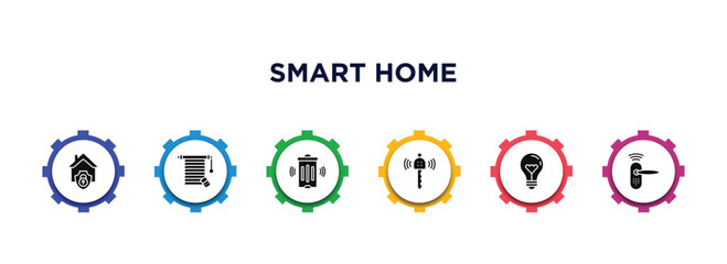 smart home filled icons with infographic template. glyph icons such as security system, jalousie automation, smart trash, remote vehicle, lightbulb, smart lock vector.