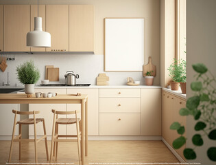 Fototapeta na wymiar Minimalist Scandinavian Kitchen Room Interior Design with Small Blank Poster Mockup - Created with Generative AI
