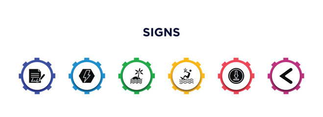 signs filled icons with infographic template. glyph icons such as , electric current, beach, kitesurf, under, is less than vector.