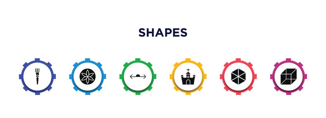 shapes filled icons with infographic template. glyph icons such as scepter, flower of life, 180 degrees angle, christian church, cube geometrical, rectangular prism vector.
