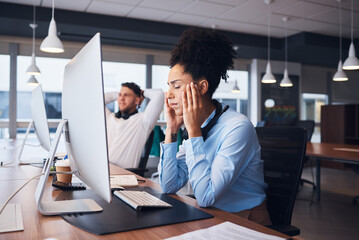 Burnout, call center and black woman with headache in office while consulting in crm or customer...