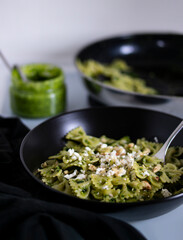 Pasta with pesto.Cooking process step by step in the kitchen.