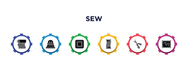 sew filled icons with infographic template. glyph icons such as fabrics, thimble, patch, wire coil, pinking shears, drawing board vector.