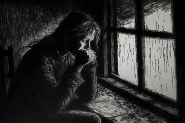 Sad depression illustration. The girl at the window.  silhouette. Generative AI