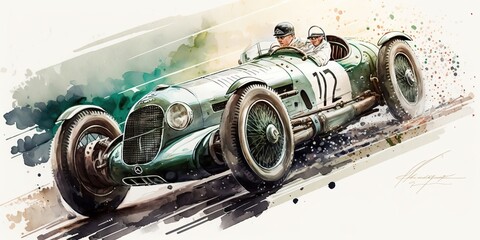 old racing car, watercolor, generative ai