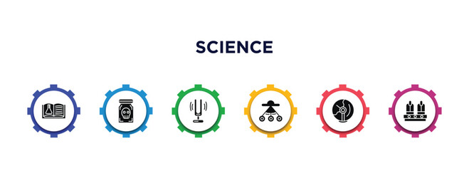 science filled icons with infographic template. glyph icons such as science book, poison, sound fork, oscillation, plasma ball, nixie vector.