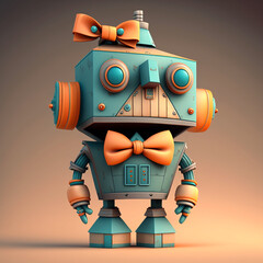 cartoon octane render picture of a robot with a house for a head wearing a teal and orange suit and bow tie