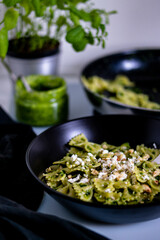 Pasta with pesto.Cooking process step by step in the kitchen.