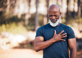 Black man, heart attack and health for outdoor exercise, park and running workout. Senior sports...