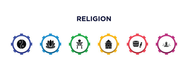 religion filled icons with infographic template. glyph icons such as taoism, zen, shinto, shrine, standing bell, shiva vector.