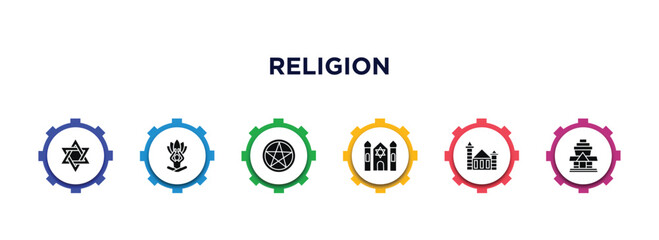 religion filled icons with infographic template. glyph icons such as star of david, spiritual, satanism, synagogue, wat maha that, wat phrakaew vector.