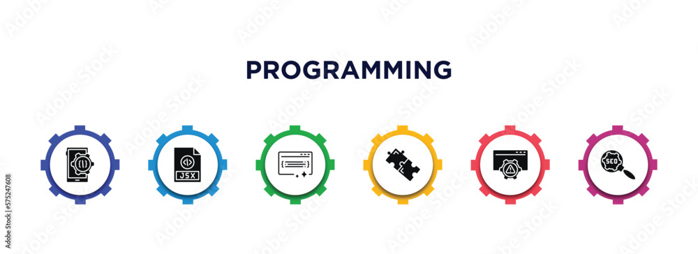 Aufkleber programming filled icons with infographic template. glyph icons such as mobile development, jsx, cle