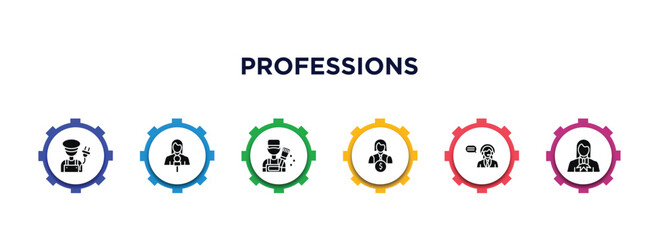 professions filled icons with infographic template. glyph icons such as electrician, journalist, painter, financial manager, telemarketer, lawyer vector.