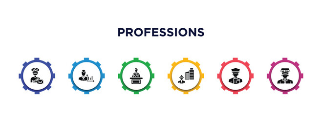 professions filled icons with infographic template. glyph icons such as postman, statistician, software developer, civil engineer, concierge, taxi driver vector.