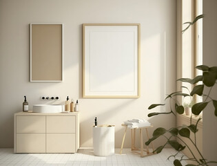 Fototapeta na wymiar Minimalist Scandinavian Bathroom Interior Design with Small Blank Poster Mockup Created with Generative AI