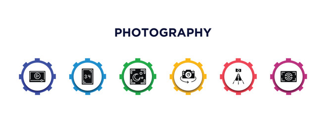 photography filled icons with infographic template. glyph icons such as play video, aspect, night mode, chroma, tr, metering vector.