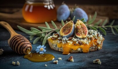  a piece of bread with honey and figs on a table.  generative ai
