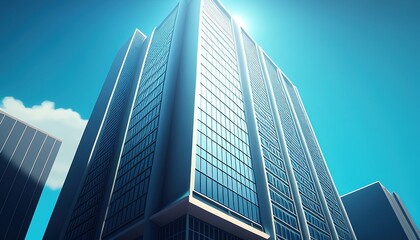 Towering office building stands against a clear blue sky in a striking corporate illustration