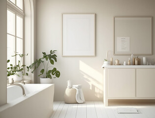 Obraz na płótnie Canvas Minimalist Scandinavian Bathroom Interior Design with Small Blank Poster Mockup Created with Generative AI