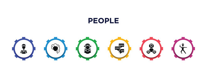 people filled icons with infographic template. glyph icons such as curier, woman hair, festa junina, chat group, networking connection, dancers vector.