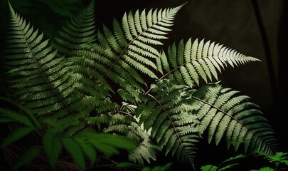 Fototapeta na wymiar a fern leaf is shown in a dark room with green leaves. generative ai