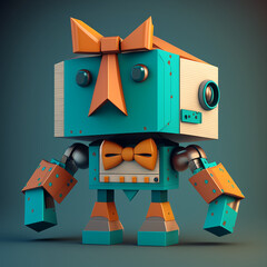 cartoon octane render picture of a robot with a house for a head wearing a teal and orange suit and bow tie
