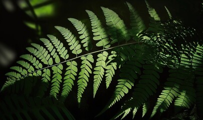  a green fern leaf is shown in a dark room with light coming through the leaves.  generative ai