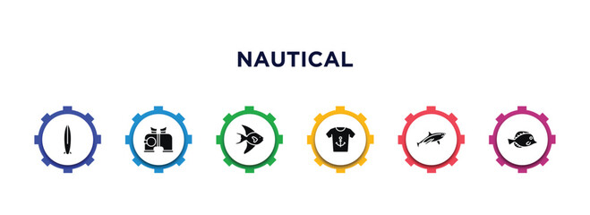 nautical filled icons with infographic template. glyph icons such as one suroard, binocular, fish facing right, shirt, shark, fish vector.