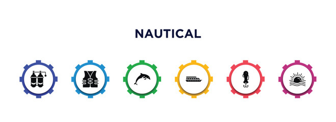 nautical filled icons with infographic template. glyph icons such as double air tank, vest, dolphin, ferry facing right, fish shaped bait, sun shining vector.