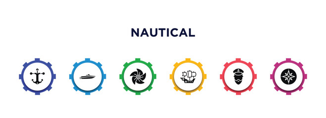 nautical filled icons with infographic template. glyph icons such as marine, speedboat, boat screw, caravel, ship admiral, azimuth compass vector.