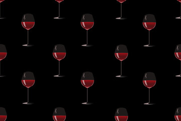 Seamless pattern with glass of red wine with beautiful highlights on style black background. Banner template for the winery.