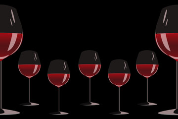 Transparent glass of red wine with beautiful highlights and copy space on style black background. Banner template for the winery.