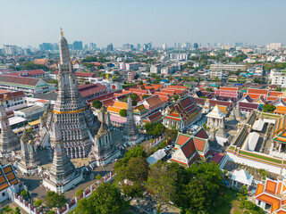 Aerial view Wat Arun Buddhist temple sunny day sightseeing city travel