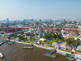 Aerial view Wat Arun Buddhist temple sunny day sightseeing city travel
