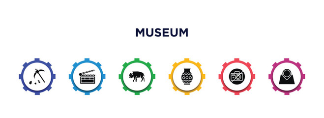 museum filled icons with infographic template. glyph icons such as geological, cinema, buffalo, porcelain, no photo, tour vector.