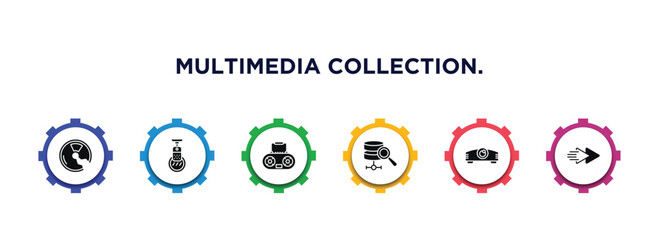 multimedia collection. filled icons with infographic template. glyph icons such as broken disc, condenser, boom box, database analysis, projector len, fast vector.