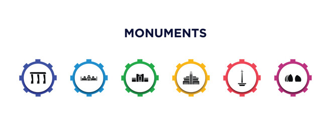 monuments filled icons with infographic template. glyph icons such as bay, badshahi mosque, medieval walls in avila, hassan mosque, national monument monas, al shaheed monument vector. - obrazy, fototapety, plakaty