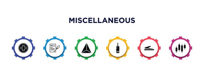 miscellaneous filled icons with infographic template. glyph icons such as swiss, will, sharpen, muay thai, puncher, candlesticks vector.