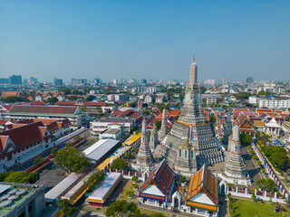 Fototapeta na wymiar Aerial view Wat Arun Buddhist temple sunny day sightseeing city travel
