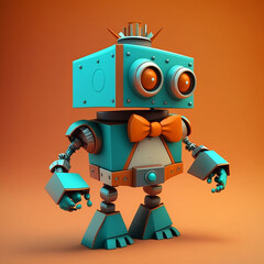 cartoon octane render picture of a robot with a house for a head wearing a teal and orange suit and bow tie