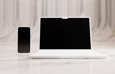Matte white mockup laptop and smartphone. White marble studio setting.
