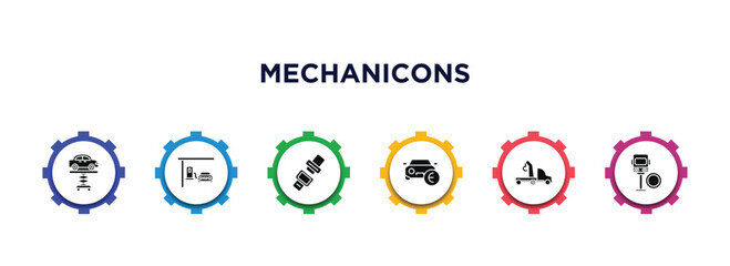 mechanicons filled icons with infographic template. glyph icons such as car lifter, car at gas station, car seat belt, sale in euros, crane, bus in reparation vector.