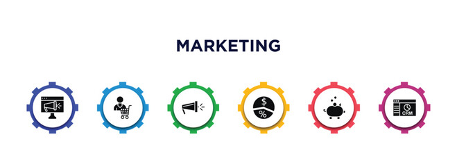 Naklejka premium marketing filled icons with infographic template. glyph icons such as online marketing, consumer, campaign, margin, pig bank, crm vector.