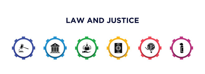 law and justice filled icons with infographic template. glyph icons such as veredict, court, innocent, immigration, bankruptcy, pepper spray vector.