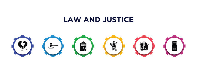 law and justice filled icons with infographic template. glyph icons such as divorce, case closed, policy, crime scene, real estate law, recorder vector.